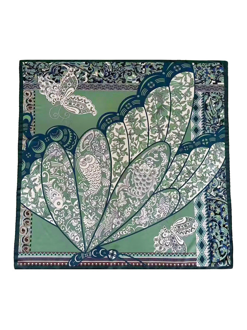 Green square scarf with bird, butterfly, floral, and geometric motifs laid flat