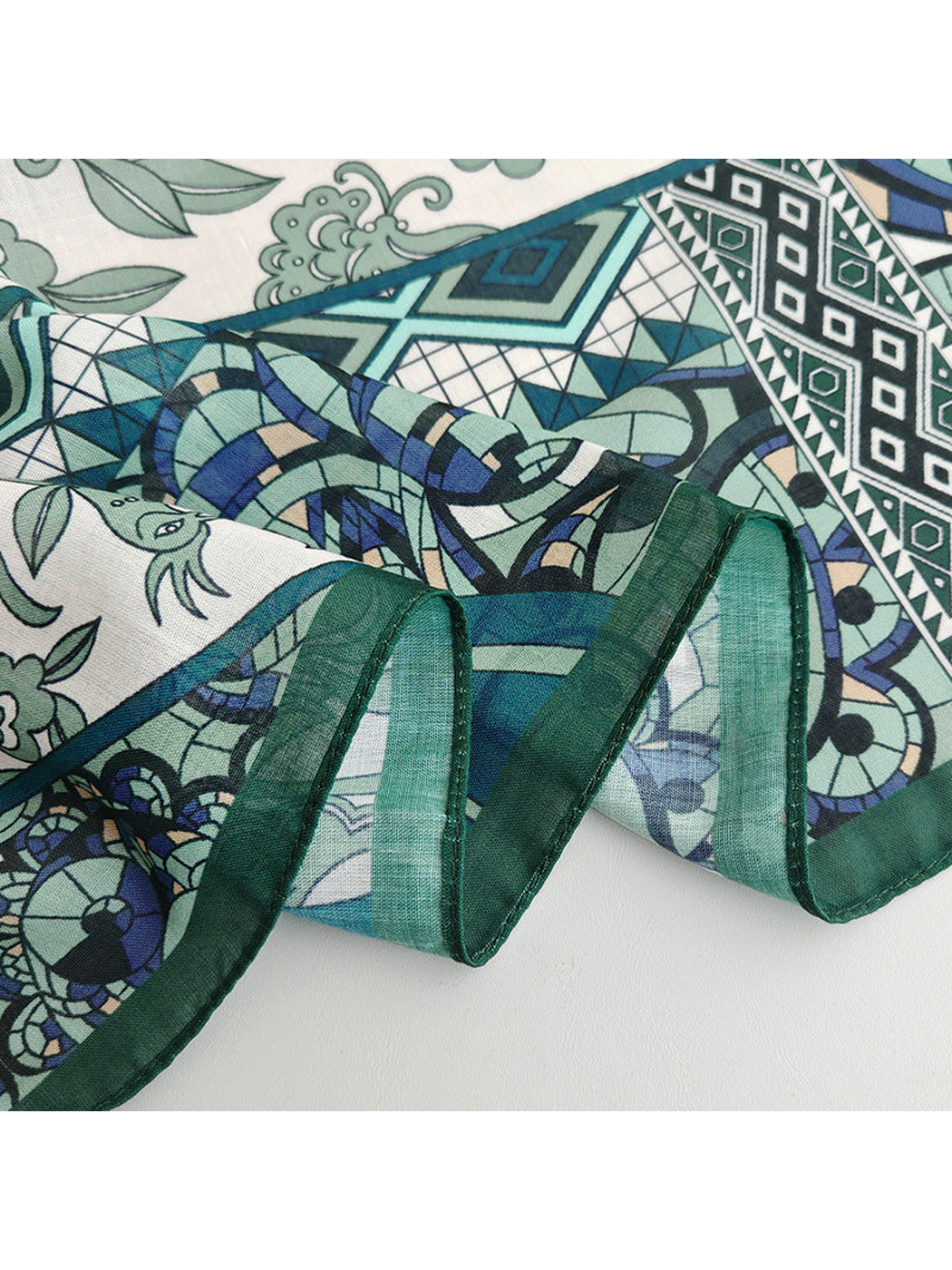 Close-up of the dark green stitched edge and geometric print