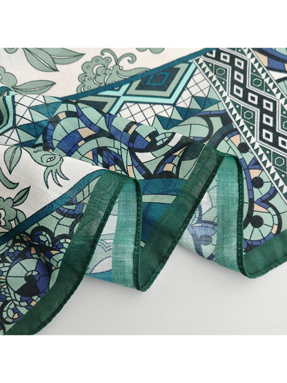Close-up of the dark green stitched edge and geometric print