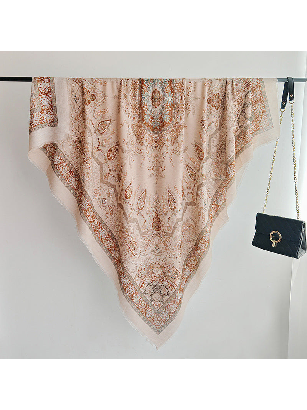 Khaki paisley square scarf with ornamental border and fringed edges