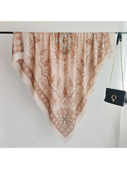 Khaki paisley square scarf with ornamental border and fringed edges
