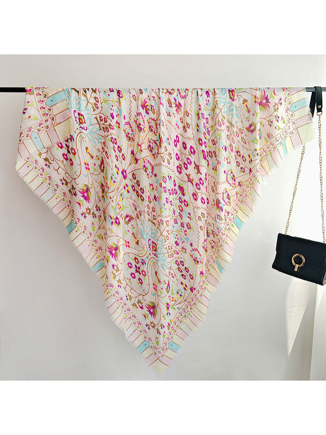 Multicolor floral square scarf with vine motifs and fringed edges