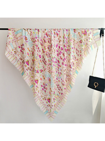 Multicolor floral square scarf with vine motifs and fringed edges