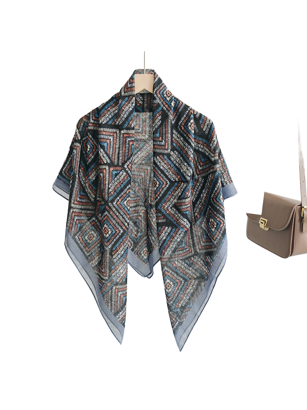 Multicolor geometric square scarf draped on a hanger