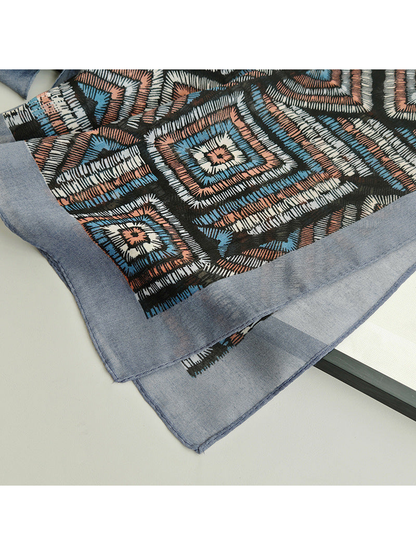 Close-up of the geometric pattern and blue-gray scarf border