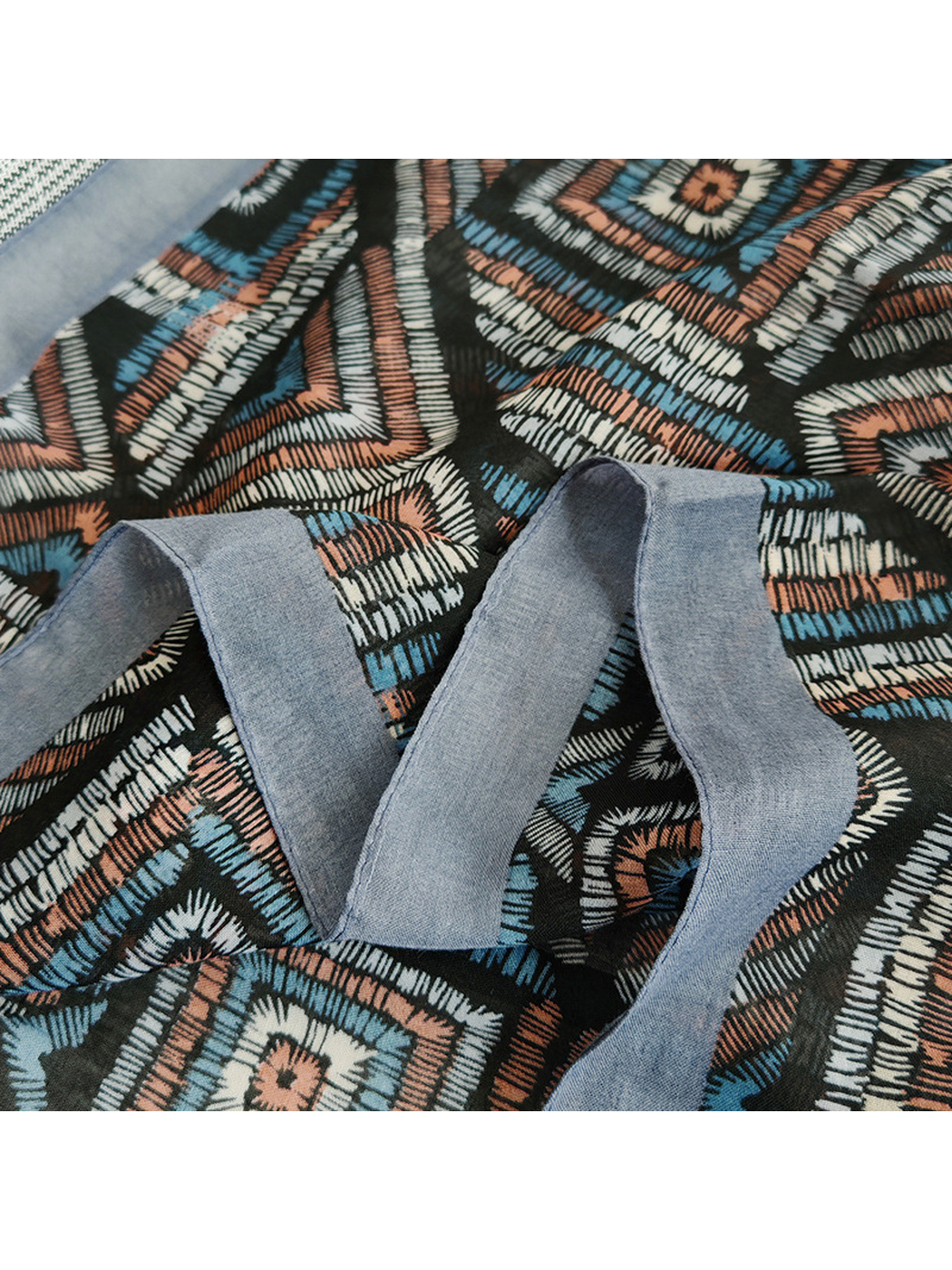 Close-up of the blue-gray border and narrow stitched scarf edge