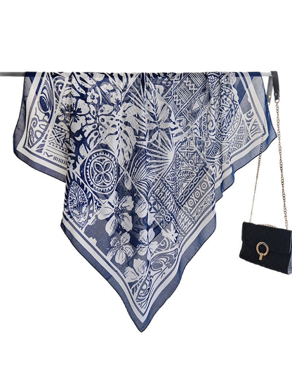 Navy, blue-gray and ivory square scarf with floral and geometric print