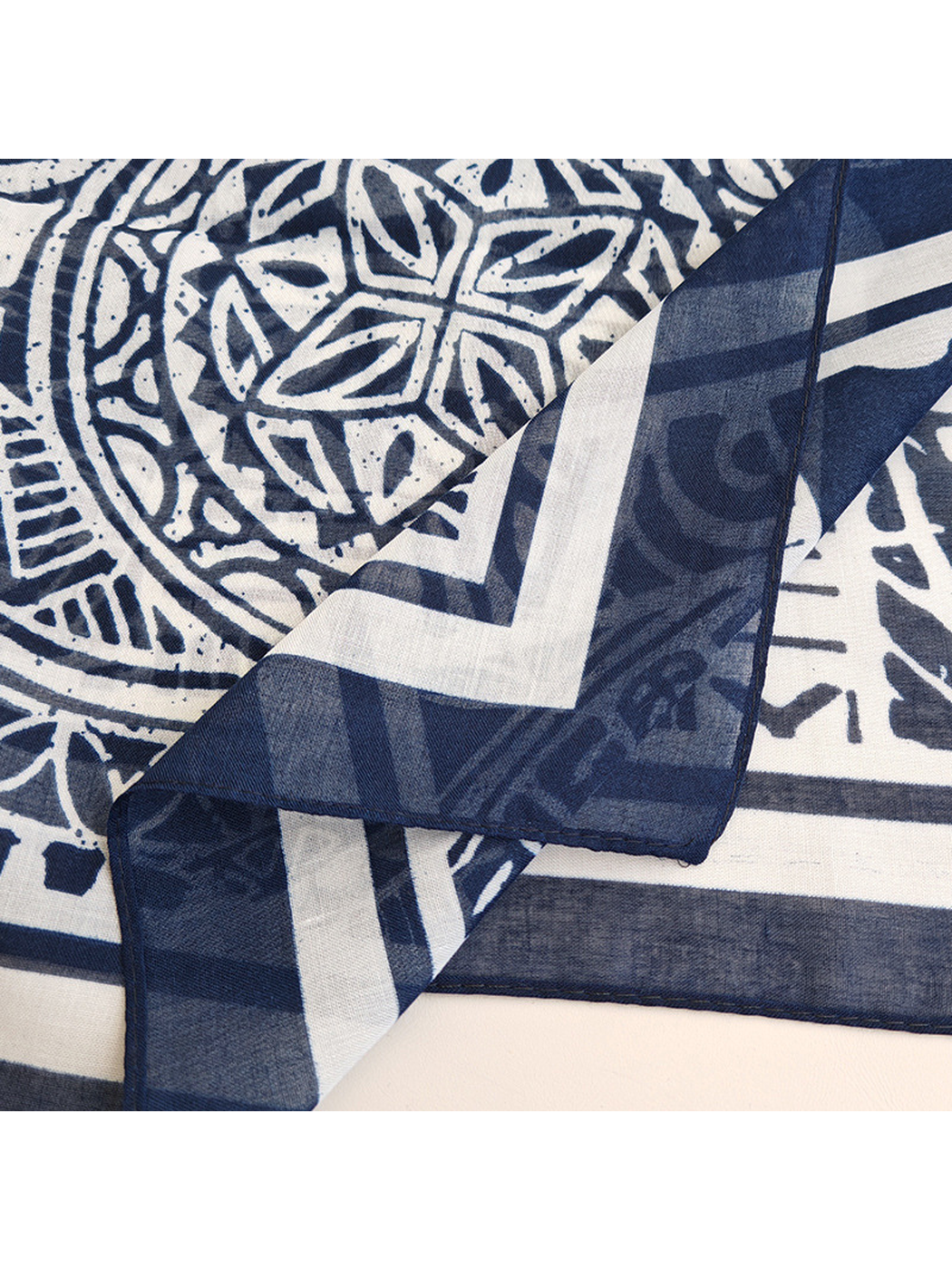 Close-up of the sheer scarf layers and striped border