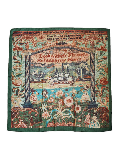 Multicolor square scarf with scenic floral print and dark green border