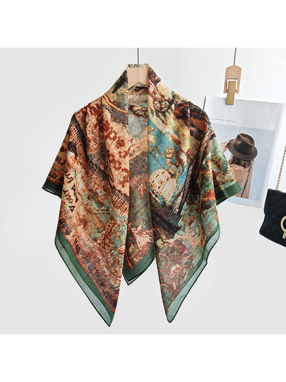 Multicolor square scarf draped open on a hanger