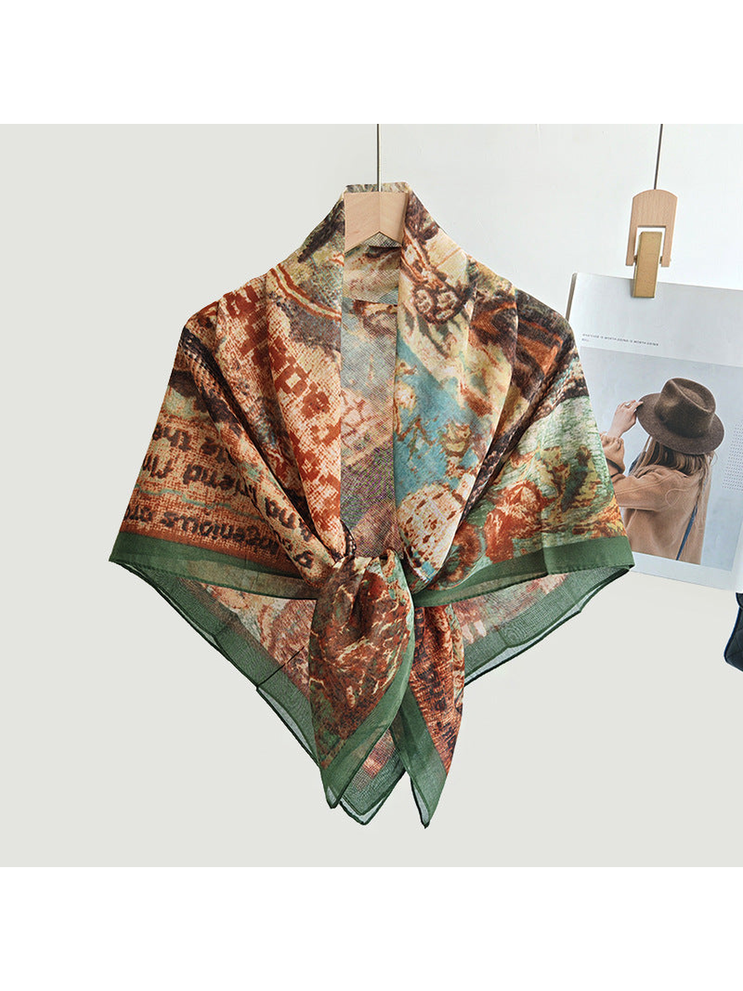 Multicolor square scarf tied at the front on a hanger