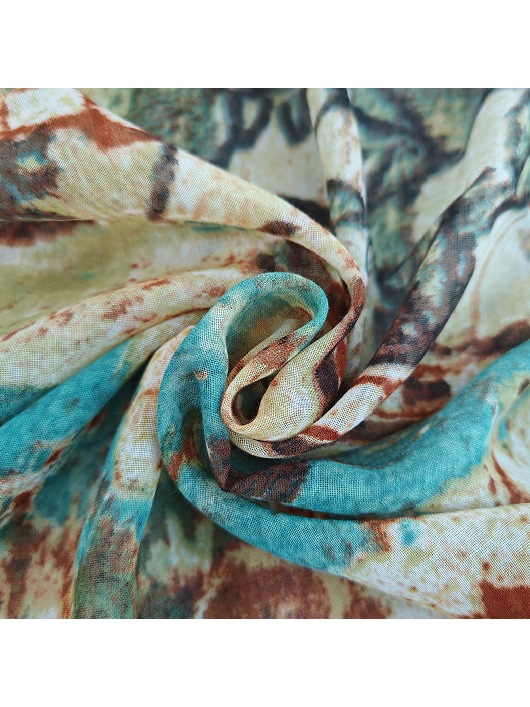 Close-up of the fine open weave and multicolor printed surface