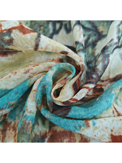 Close-up of the fine open weave and multicolor printed surface