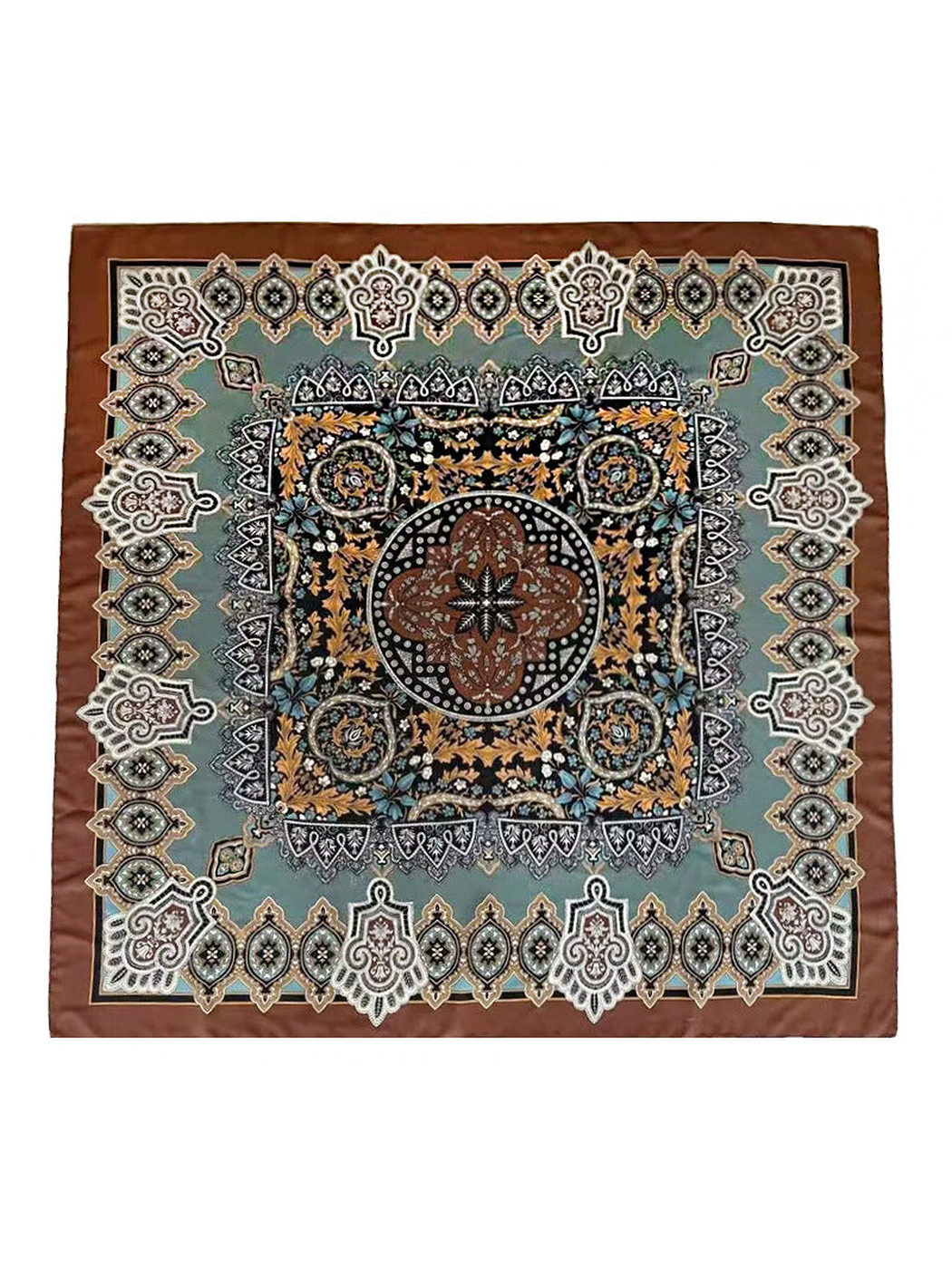 Multicolor square scarf with ornamental paisley and floral medallion pattern