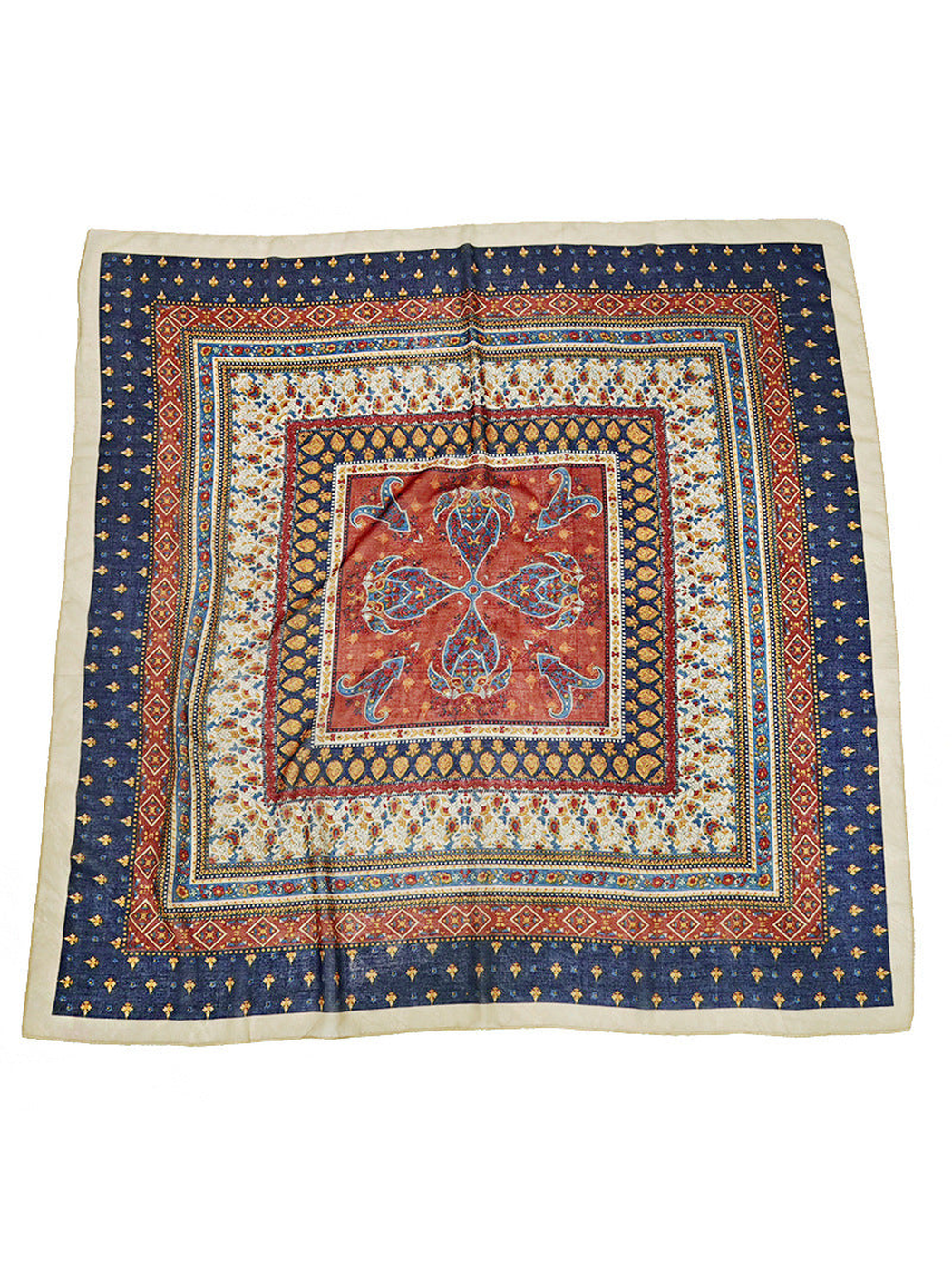 Multicolor square scarf with navy, rust and ivory ornamental paisley pattern, full view