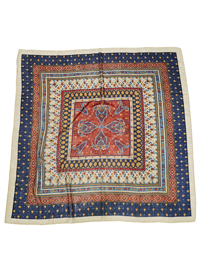 Multicolor square scarf with navy, rust and ivory ornamental paisley pattern, full view