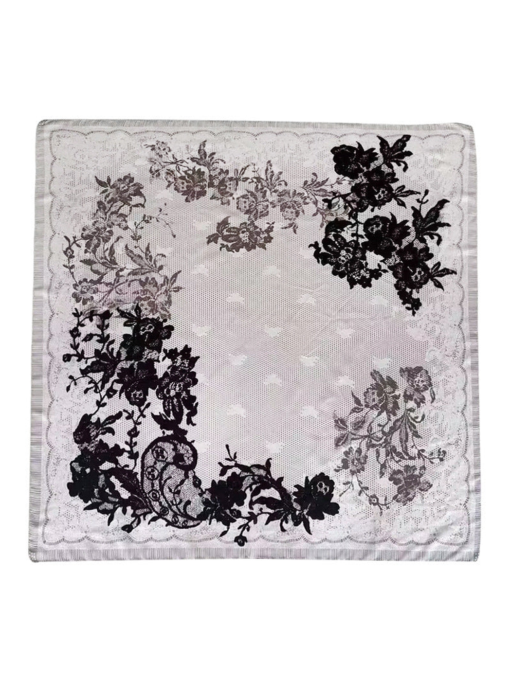 Square scarf with black and taupe floral motifs and a pale dotted center