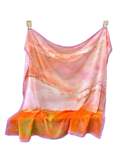 Pink, coral and orange abstract square scarf with purple border