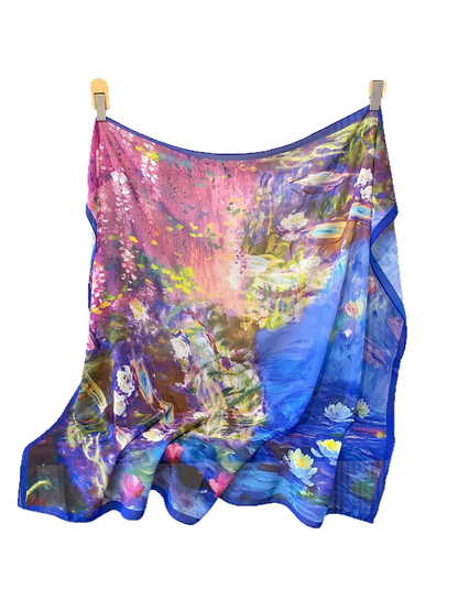 Multicolor square scarf with painterly floral garden, water lilies and blue border