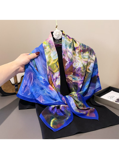 Multicolor floral scarf loosely wrapped and draped on a hanger
