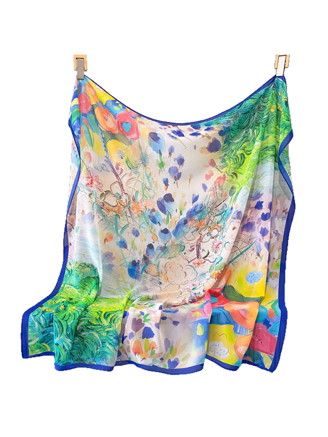 Multicolor abstract-print square scarf with a contrasting blue border