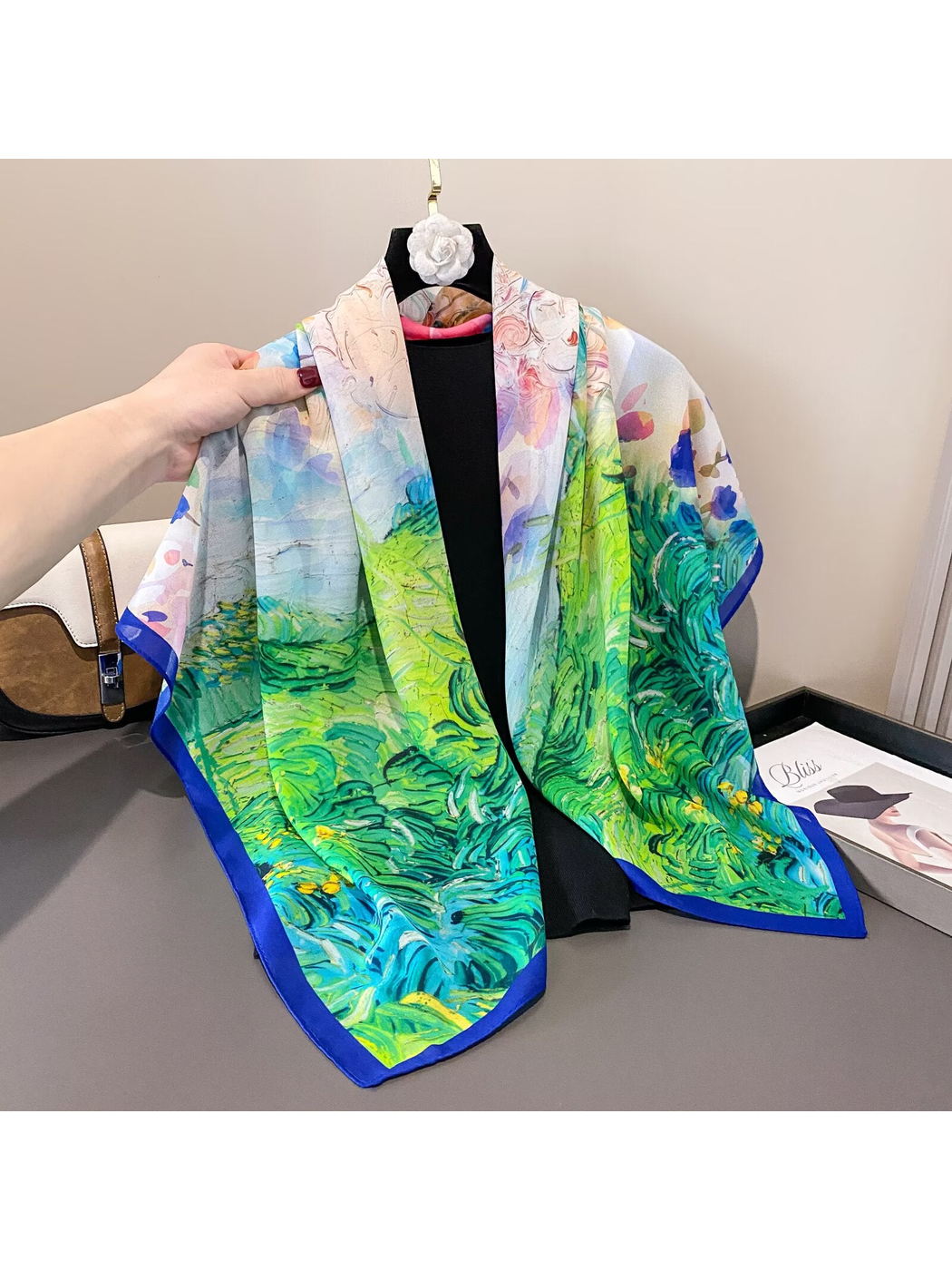 Multicolor abstract-print square scarf draped in two long front panels