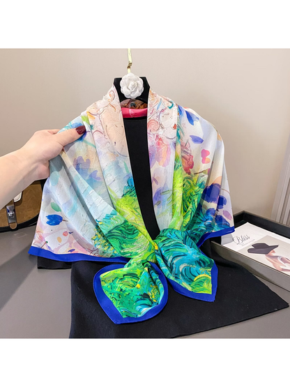 Multicolor abstract-print square scarf styled in a front knot