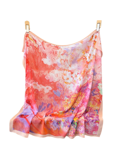 Square scarf with a coral, pink and purple abstract floral print and peach border
