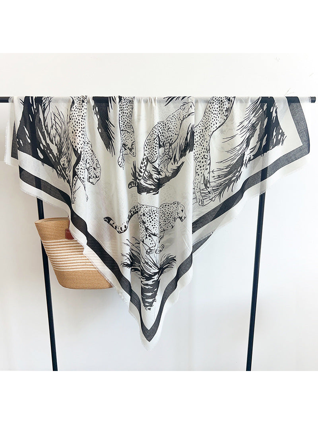 Ivory square scarf with spotted big-cat print and contrasting border