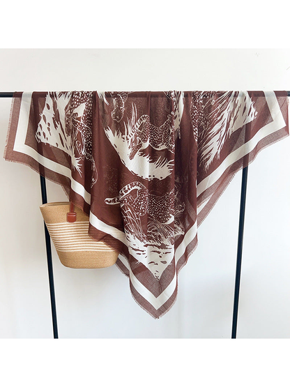 Brown square scarf with ivory big-cat print and contrasting border