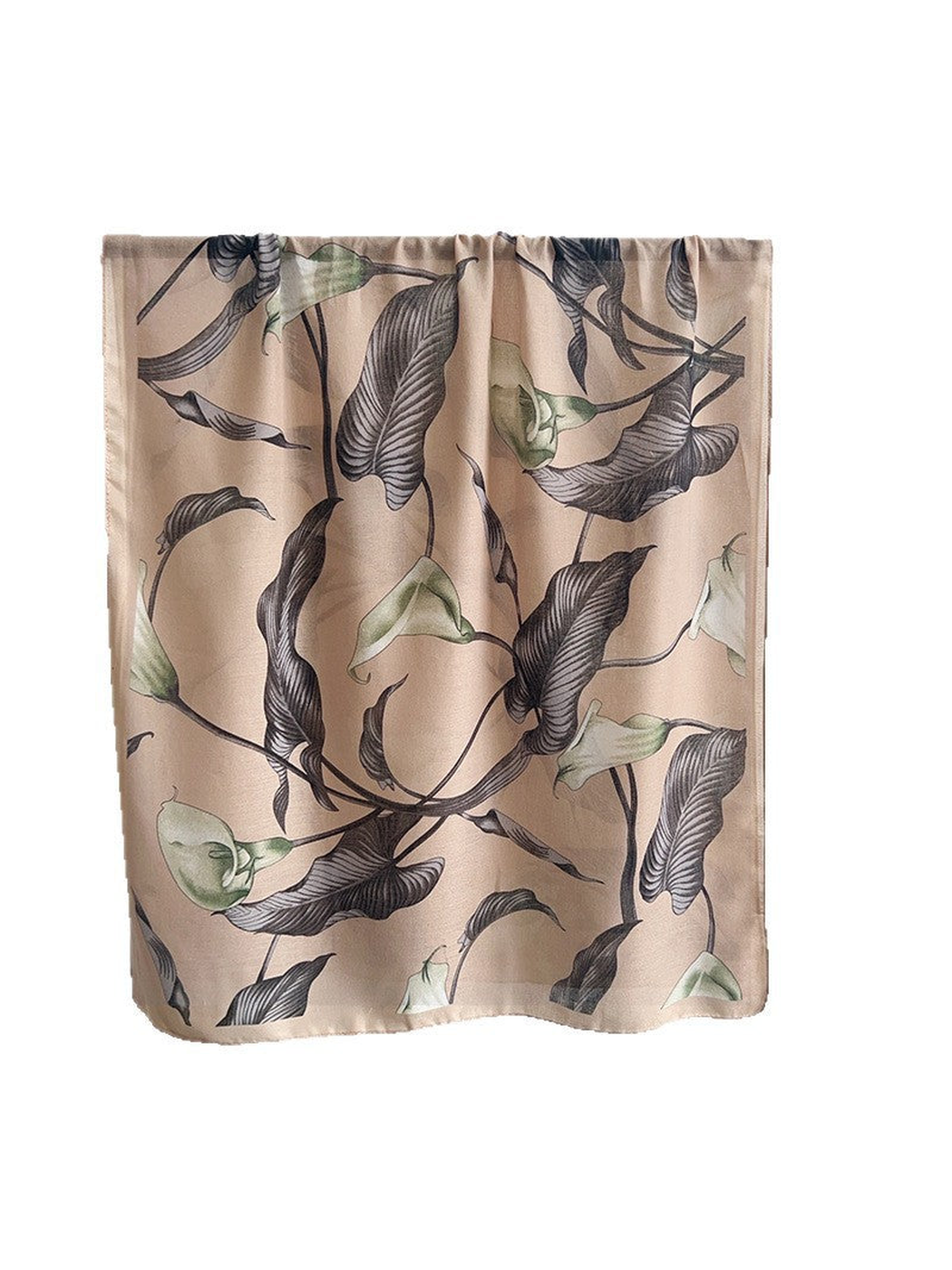 Beige scarf with leafy vines and trumpet-shaped flowers