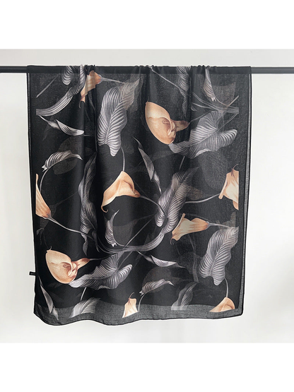 Black semi-sheer scarf with gray leaves and peach flowers