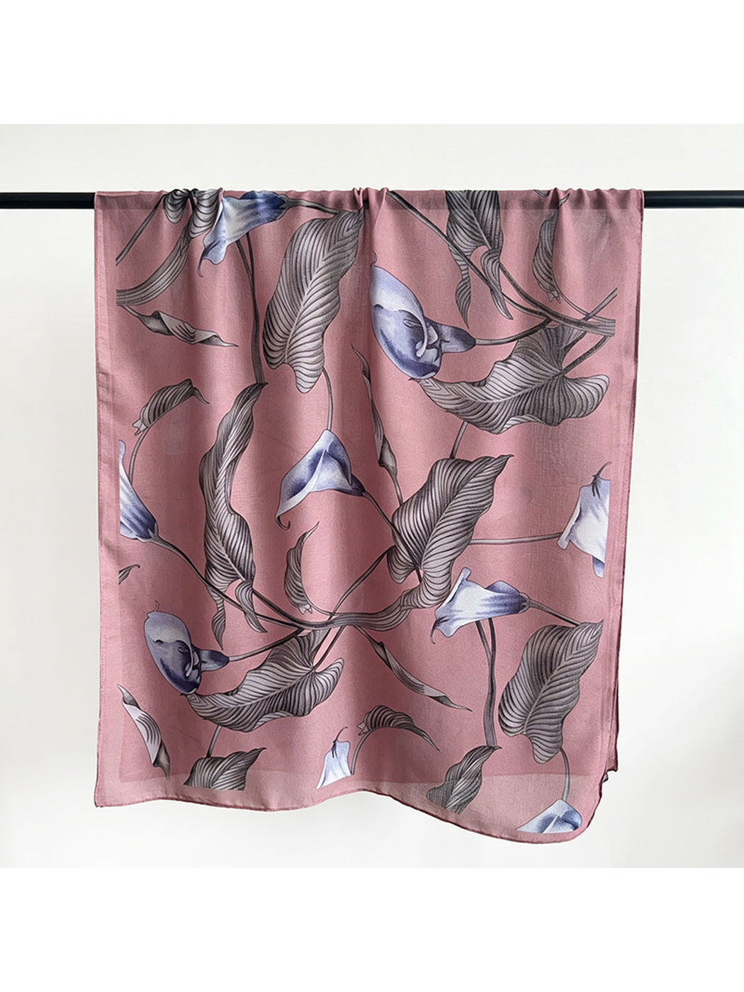 Dusty pink scarf with gray leaves and blue flowers