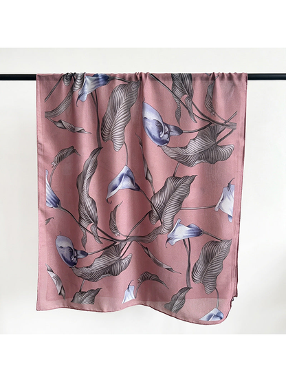 Dusty pink scarf with gray leaves and blue flowers