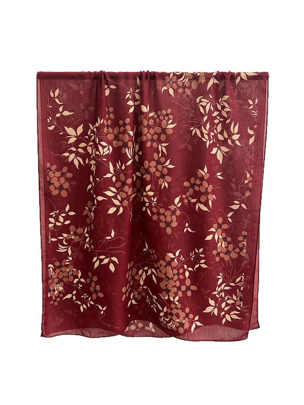 Burgundy rectangular scarf with an allover floral and leaf pattern