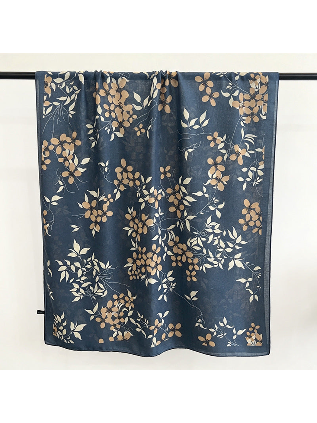 Blue-gray floral and leaf patterned rectangular scarf