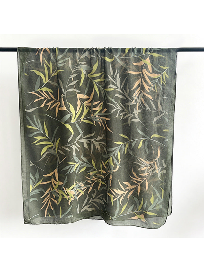 Army green rectangular scarf with sage, lime and tan leafy branches