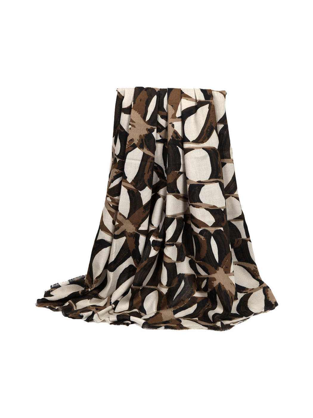 Cream and brown abstract-print scarf with short fringed ends