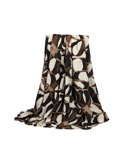 Cream and brown abstract-print scarf with short fringed ends