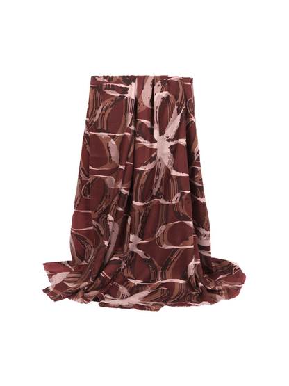 Burgundy abstract-print scarf with short fringed ends