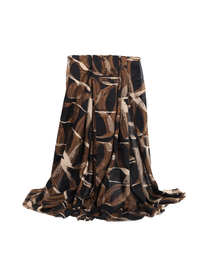 Dark brown abstract-print scarf with short fringed ends