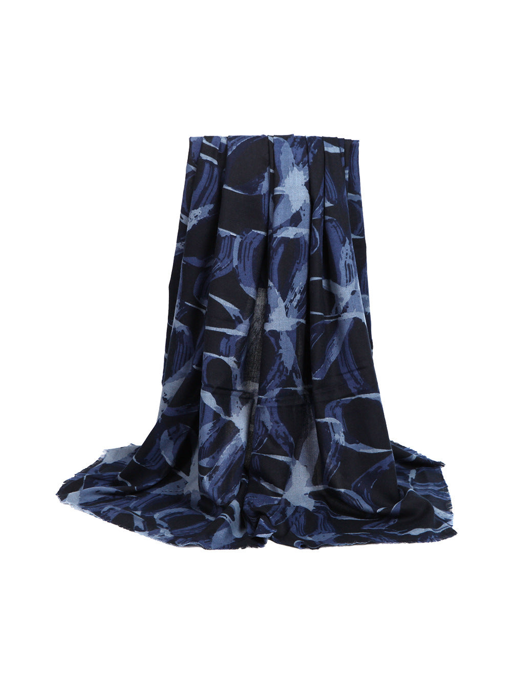 Navy abstract-print scarf with short fringed ends