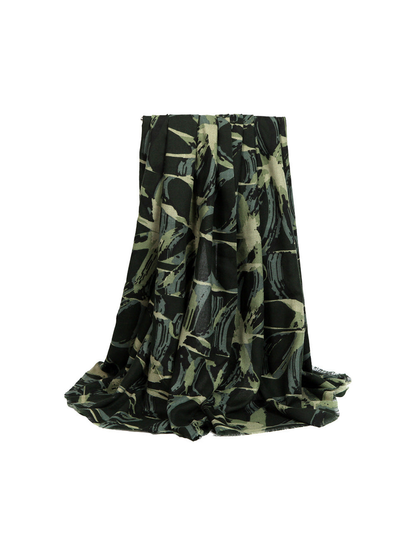 Dark green abstract-print scarf with short fringed ends