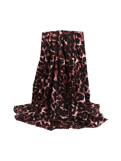 Burgundy abstract leopard-print scarf fully draped on a white background