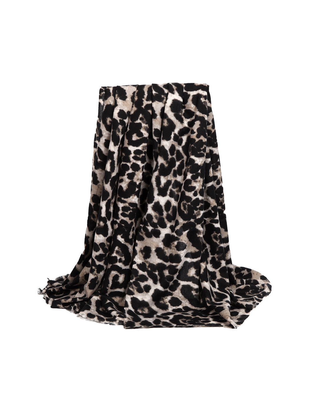 Greige and black abstract leopard-print scarf fully draped