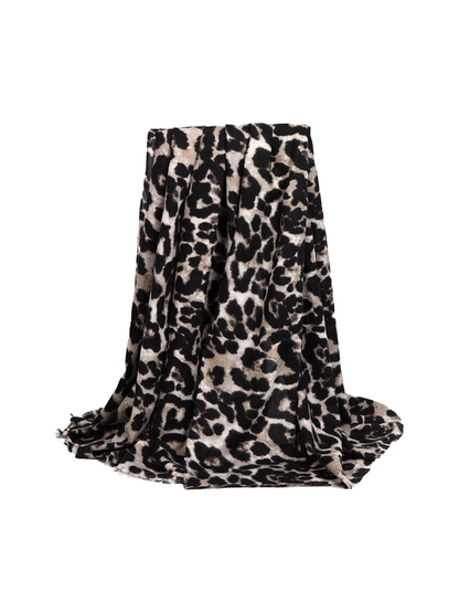 Greige and black abstract leopard-print scarf fully draped