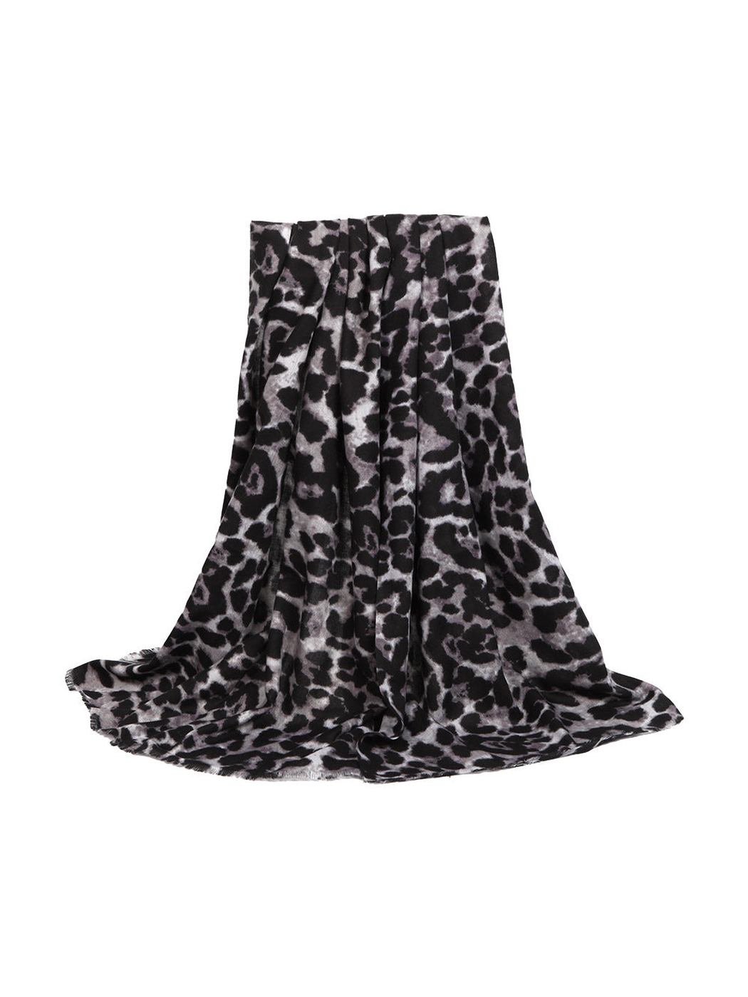 Black and gray abstract leopard-print scarf fully draped
