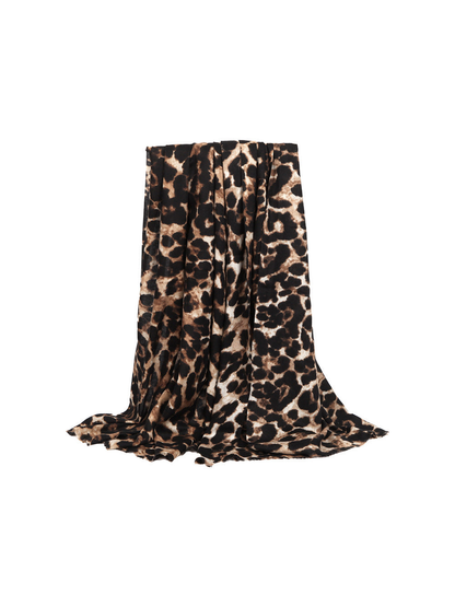 Camel and black abstract leopard-print scarf fully draped