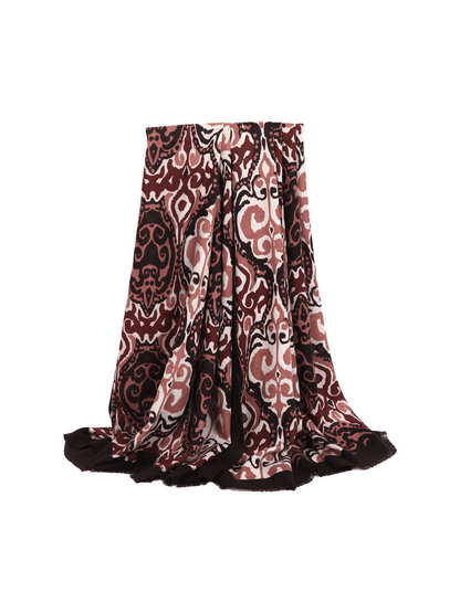 Burgundy ornamental scarf with a dark border and short fringe