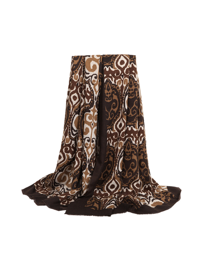 Brown ornamental scarf with a dark border and short fringe